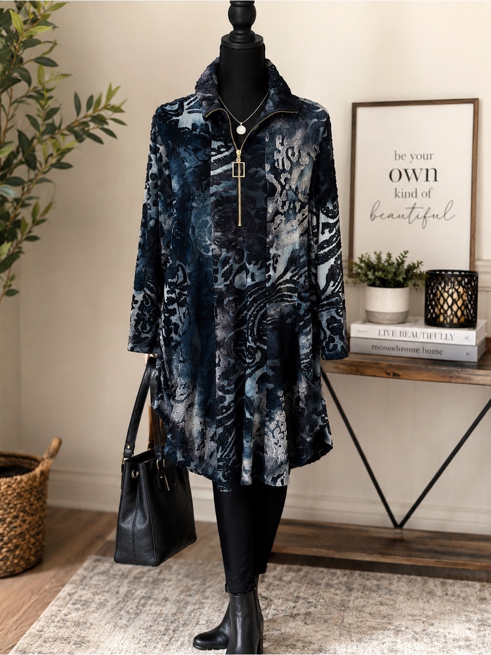 Caleesa XL Blue Black Burnout Velvet Tunic Top Artsy Boho Quarter Zip